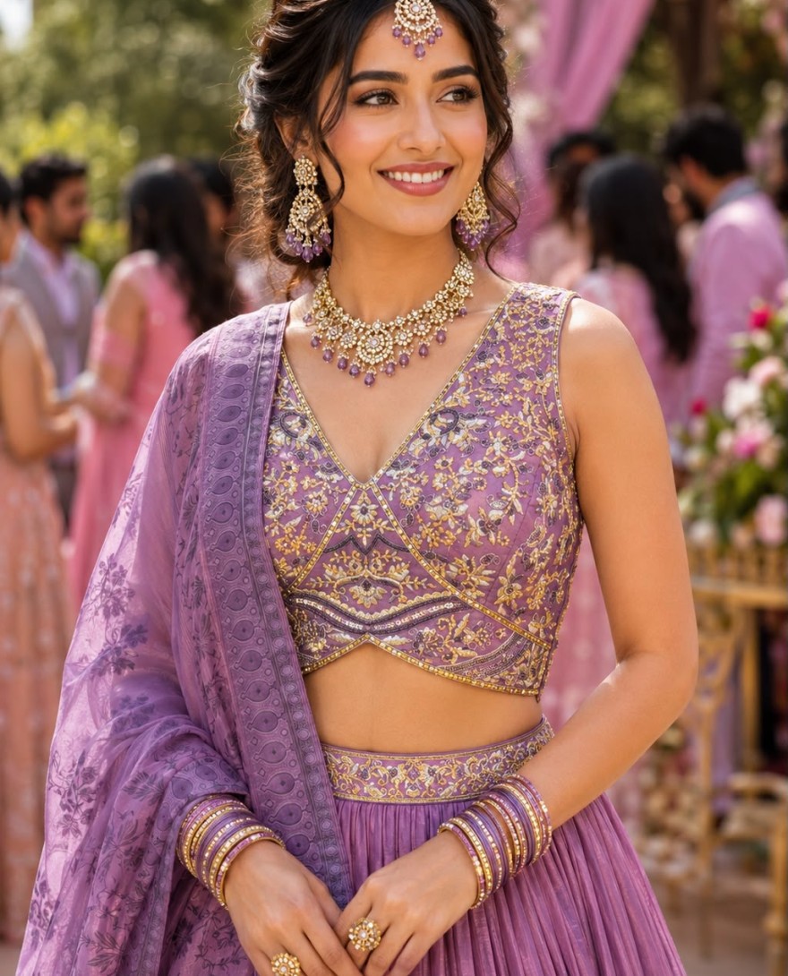 PURPLE - Lavender Tissue Embroidered Work Readymade Lehenga Choli